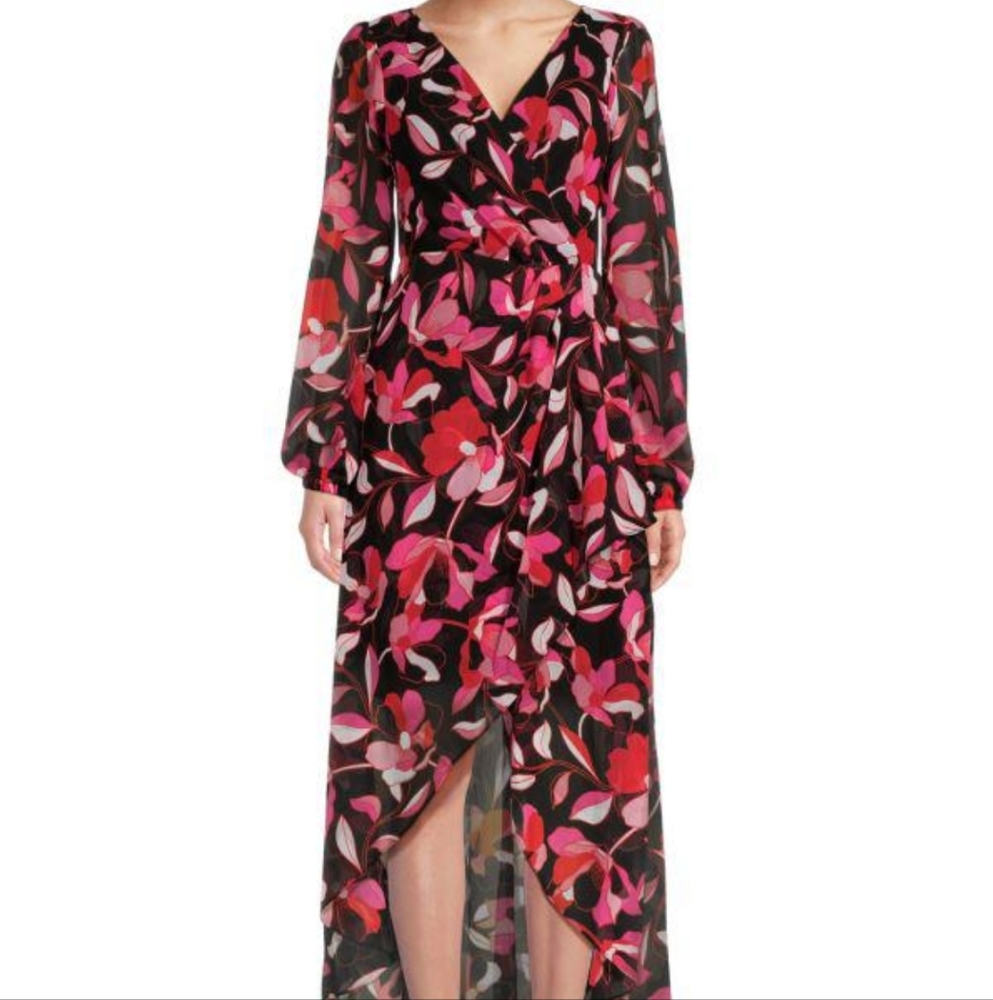 Guess Vibrant Floral Long Sleeve High-Low Dress